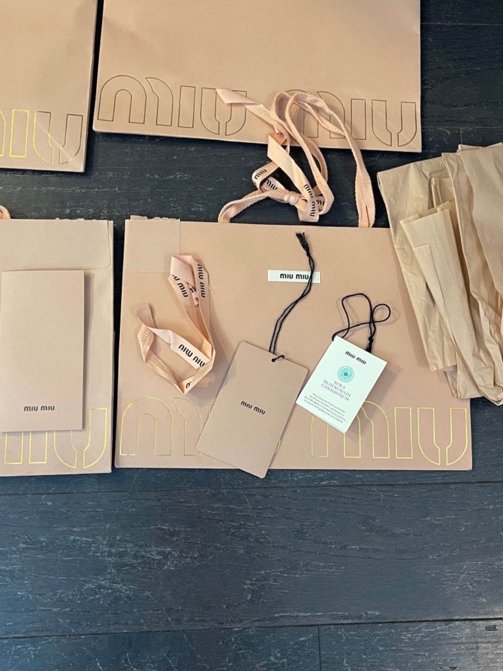 Lot of 4 Miu Miu pink empty shopping bags with ribbon cards and tag - Picture 2 of 11